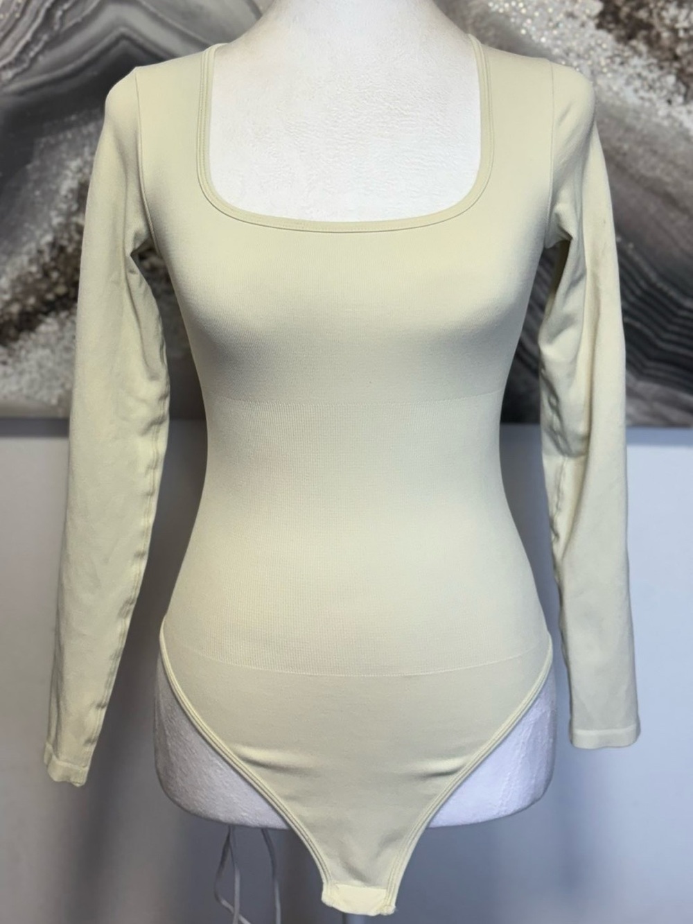 Square Neck Long Sleeve Bodysuit in Cream